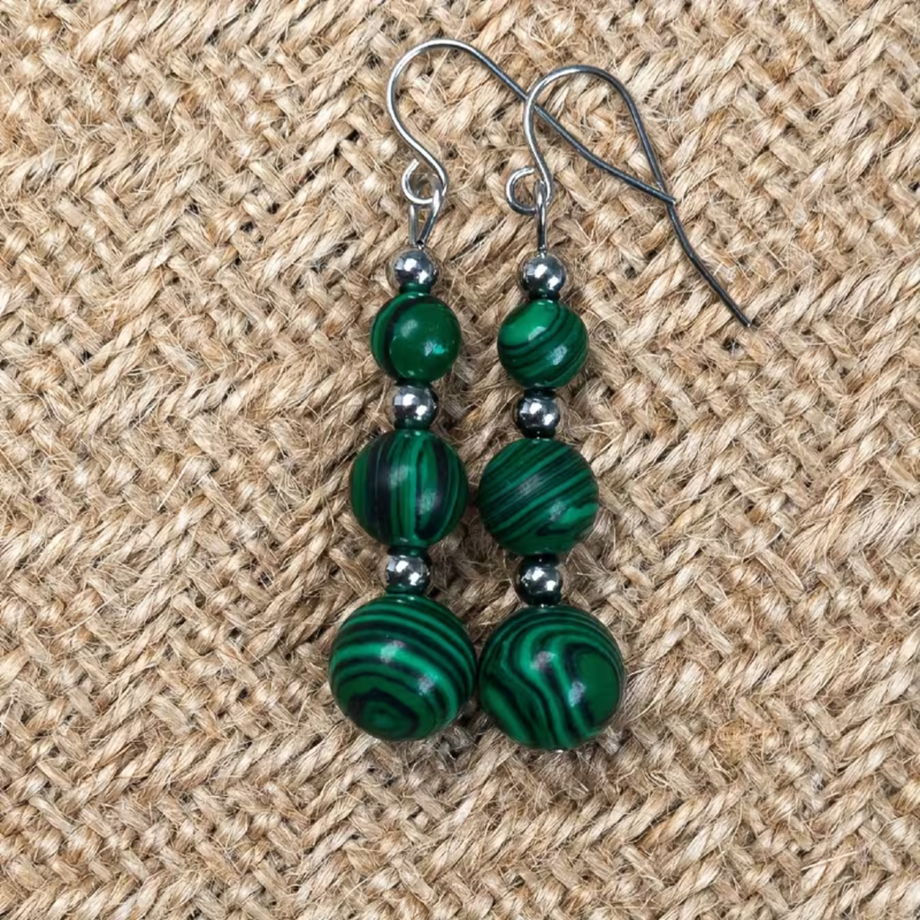 Parure Malachite - Collier 44cm + Bracelet 18cm + Boucles d'Oreilles rondes ou coeurs