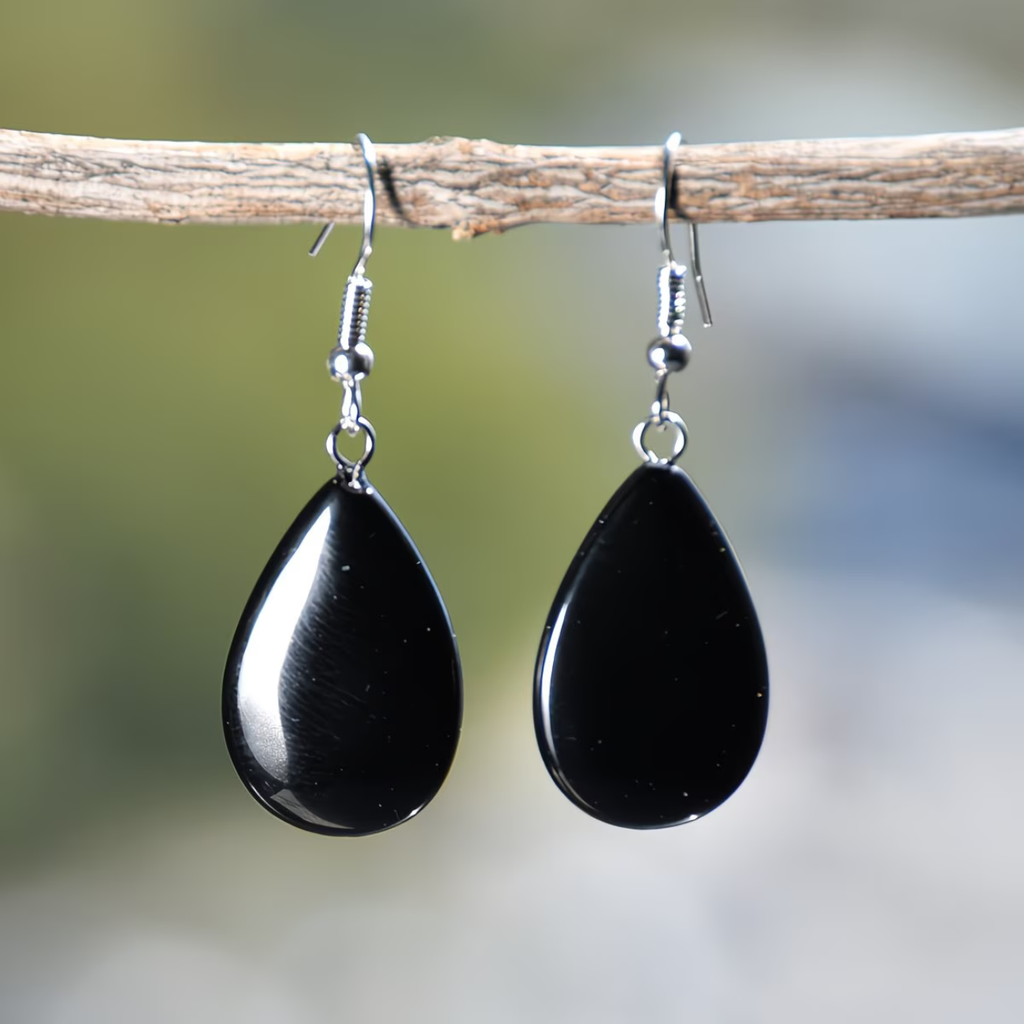 Parure Obsidienne - Collier 44cm + Bracelet 18cm + Boucles d'Oreilles