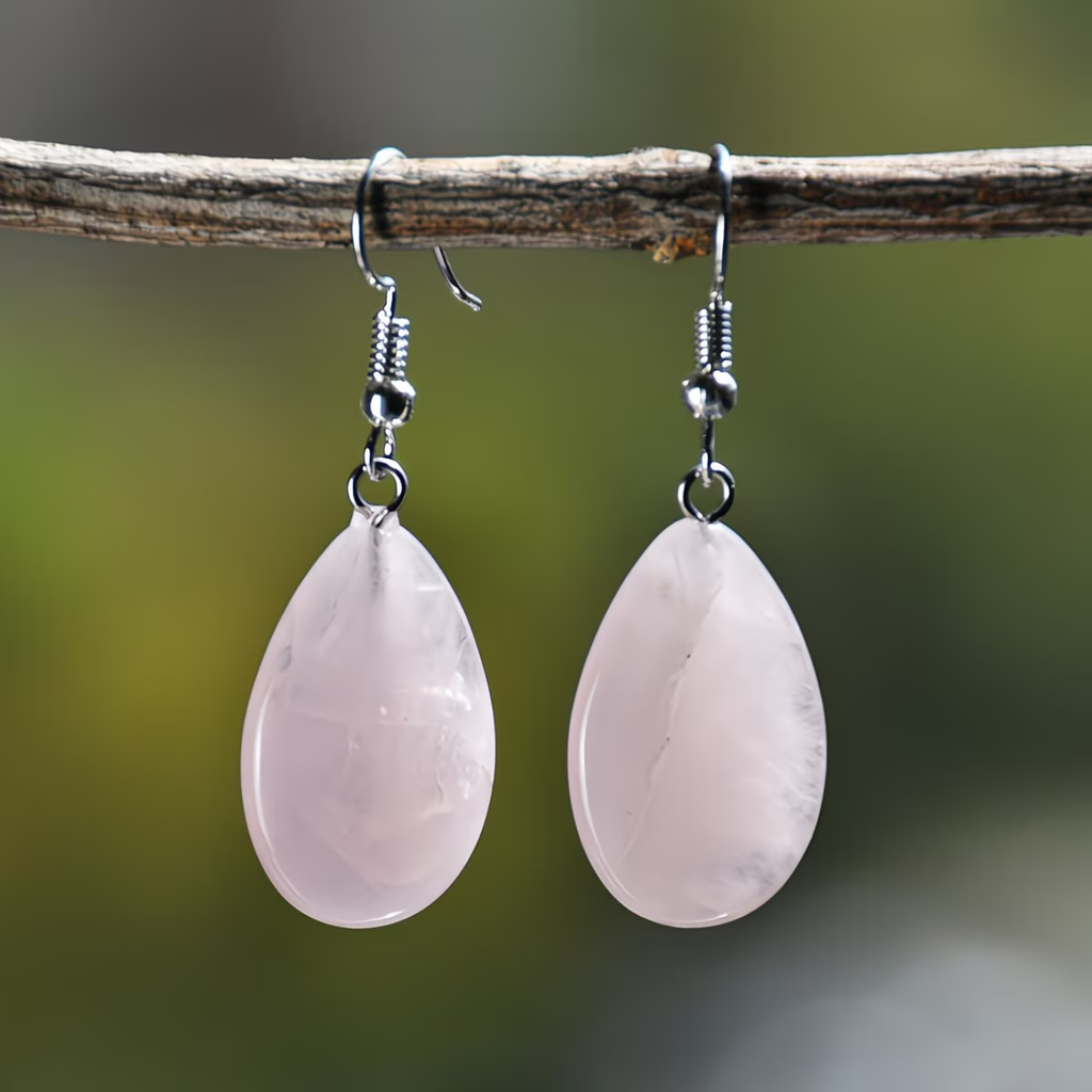 Parure " Valentine "Quartz Rose - Collier 44cm + Bracelet 18cm + Boucles d'oreilles