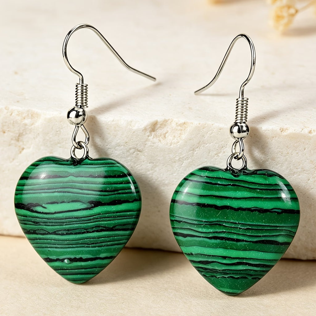 Parure Malachite - Collier 44cm + Bracelet 18cm + Boucles d'Oreilles en forme de coeur