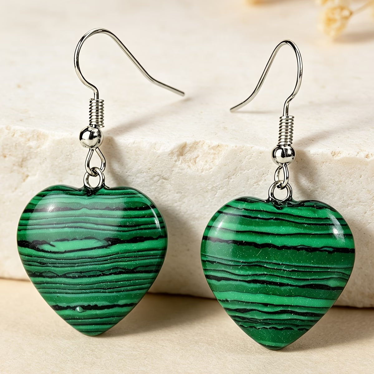 Parure Malachite - Collier 44cm + Bracelet 18cm + Boucles d'Oreilles en forme de coeur