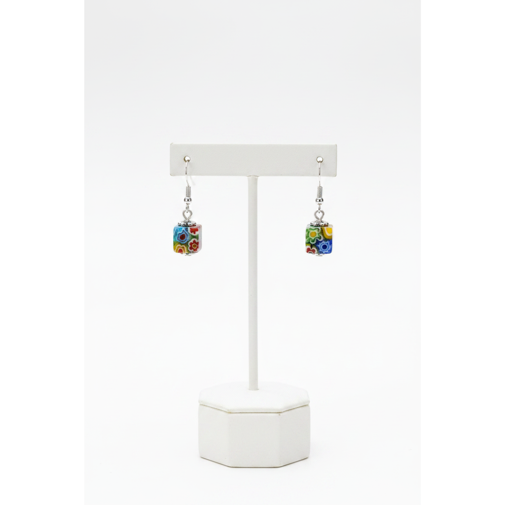La Parure Murano Perles  Carrées 8 mm Millefiori – Collier 48cm + Bracelet et Boucles d'oeillers
