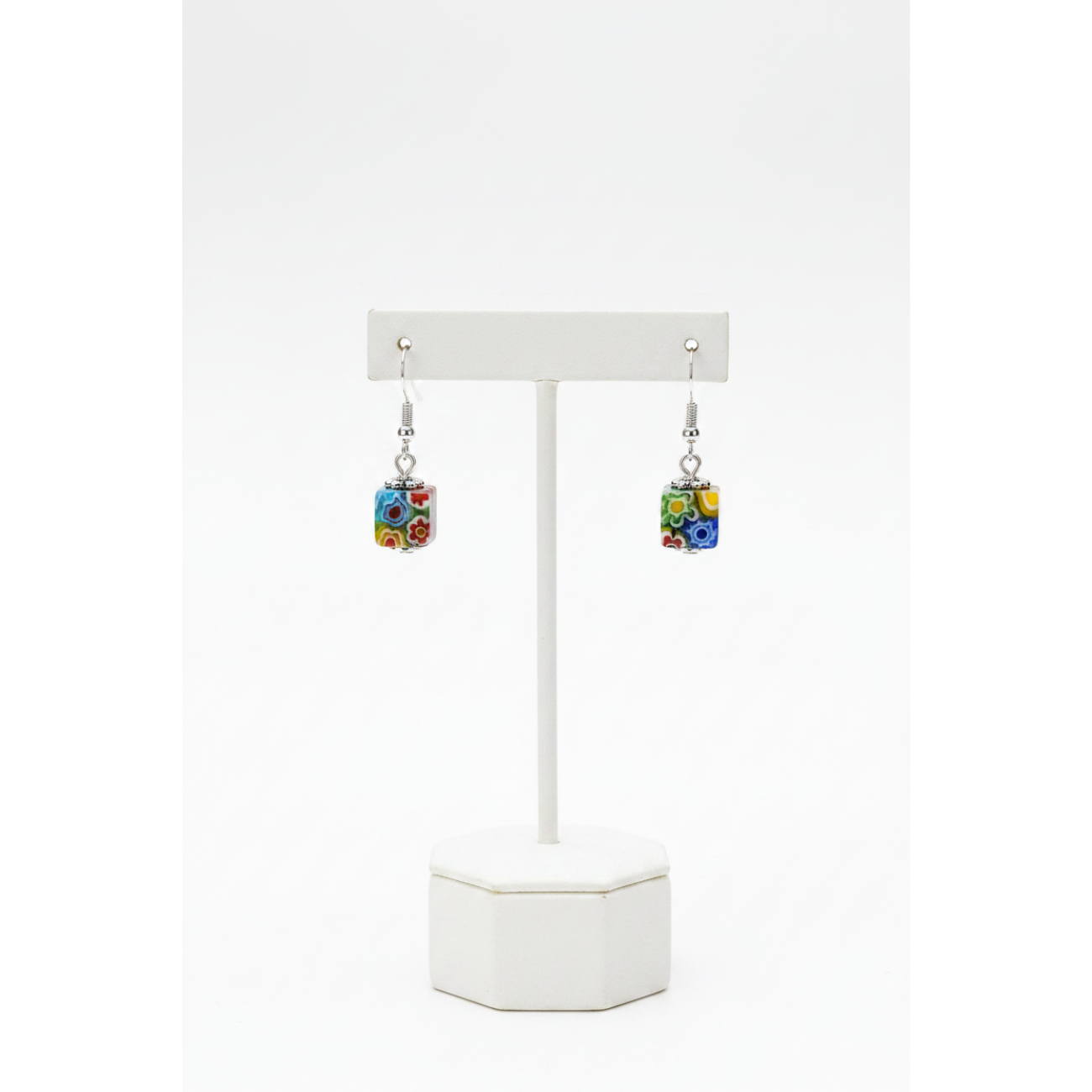 La Parure Murano Perles  Carrées 8 mm Millefiori – Collier 48cm + Bracelet et Boucles d'oeillers