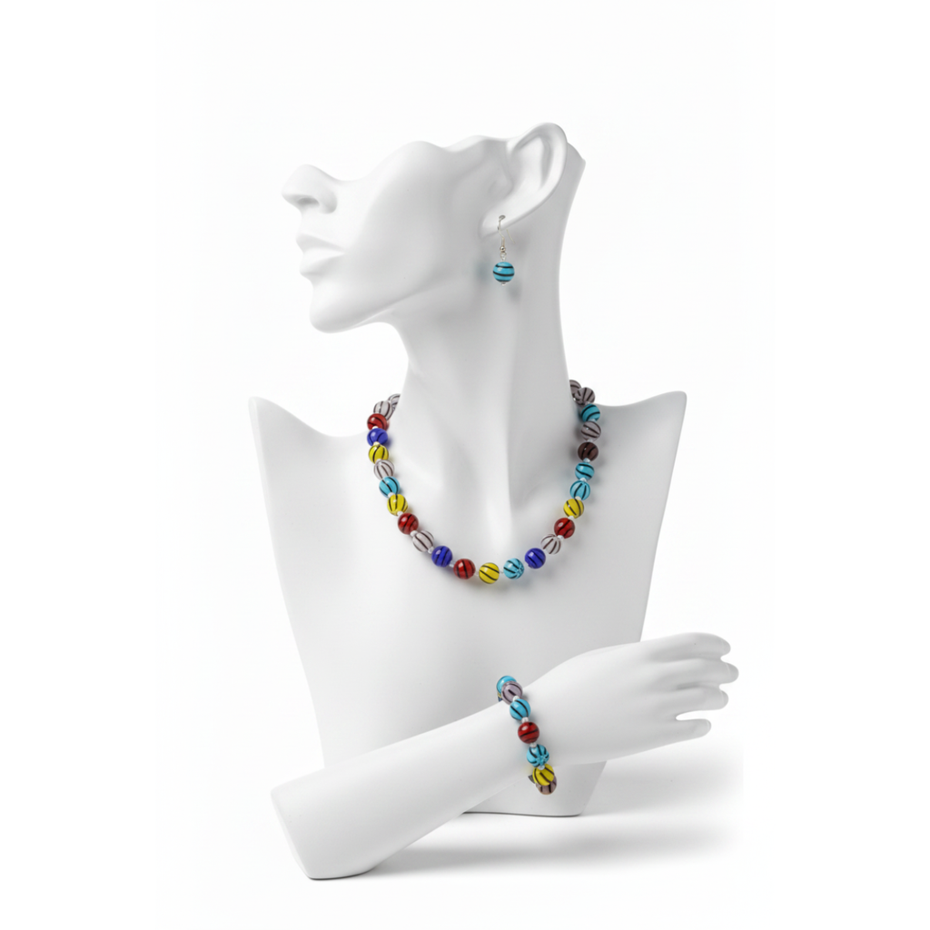 Parure Murano  – Collier 48cm + Bracelet + Boucles d'oreilles en Perles de Verre Rondes 10 mm Multicolores