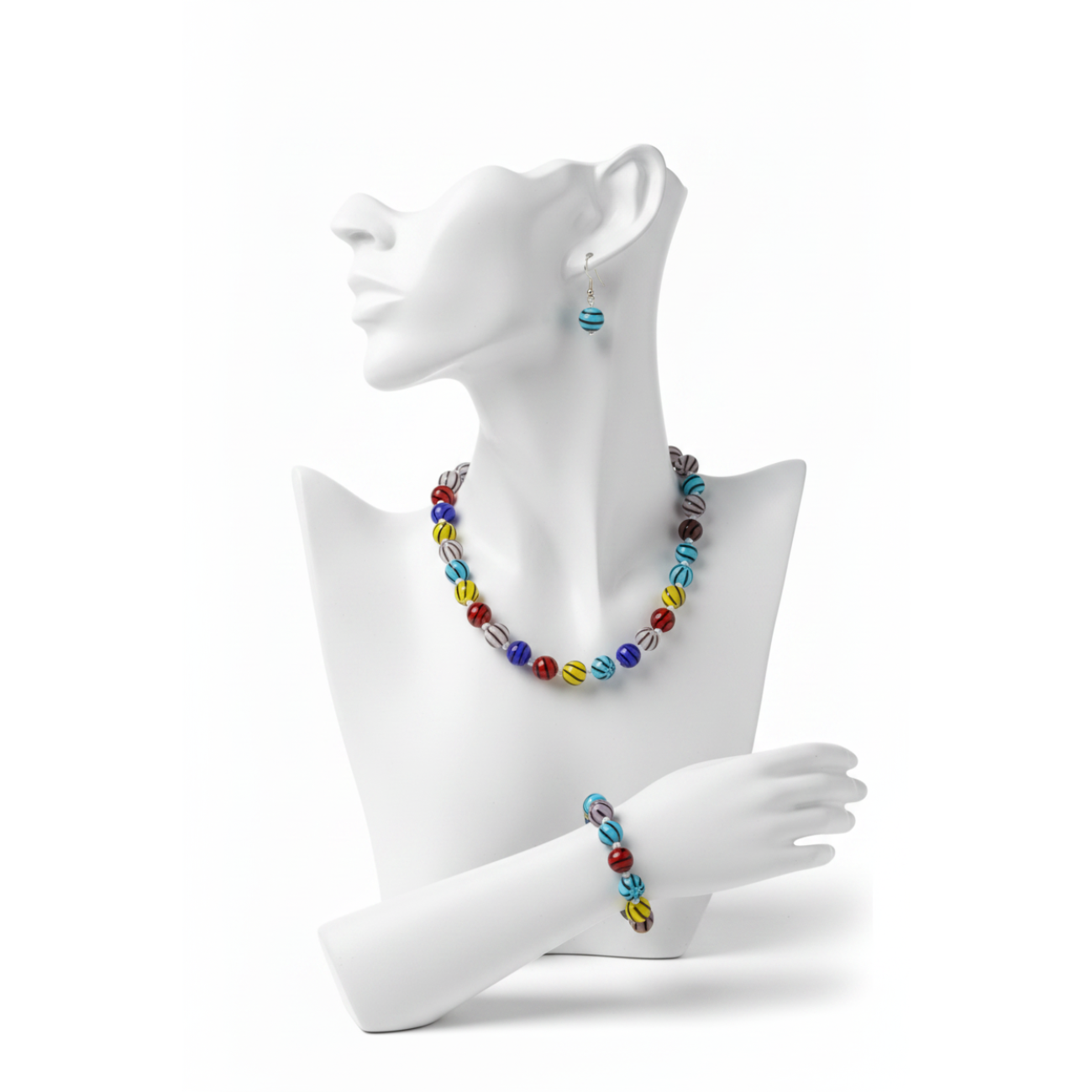 Parure Murano  – Collier 48cm + Bracelet + Boucles d'oreilles en Perles de Verre Rondes 10 mm Multicolores