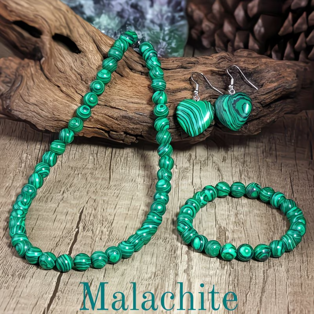 Parure Malachite - Collier 44cm + Bracelet 18cm + Boucles d'Oreilles rondes ou coeurs
