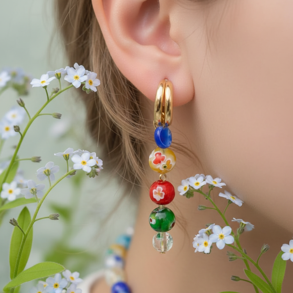 Boucles d'oreilles Murano 6mm – Perles de Verre Multicolores Ronde ou Carrée