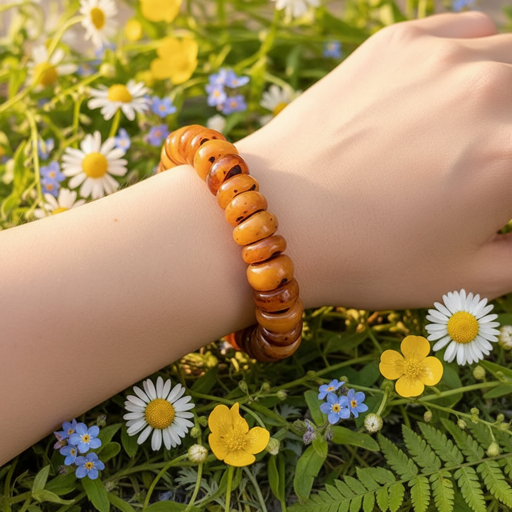 Bracelet ambre porté au poignet