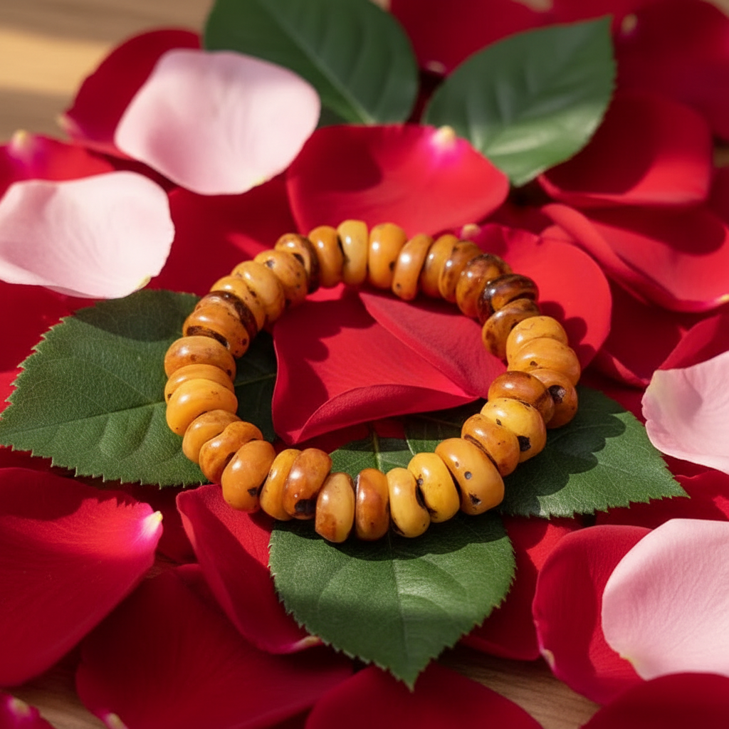 Bracelet ambre sur pétales de roses