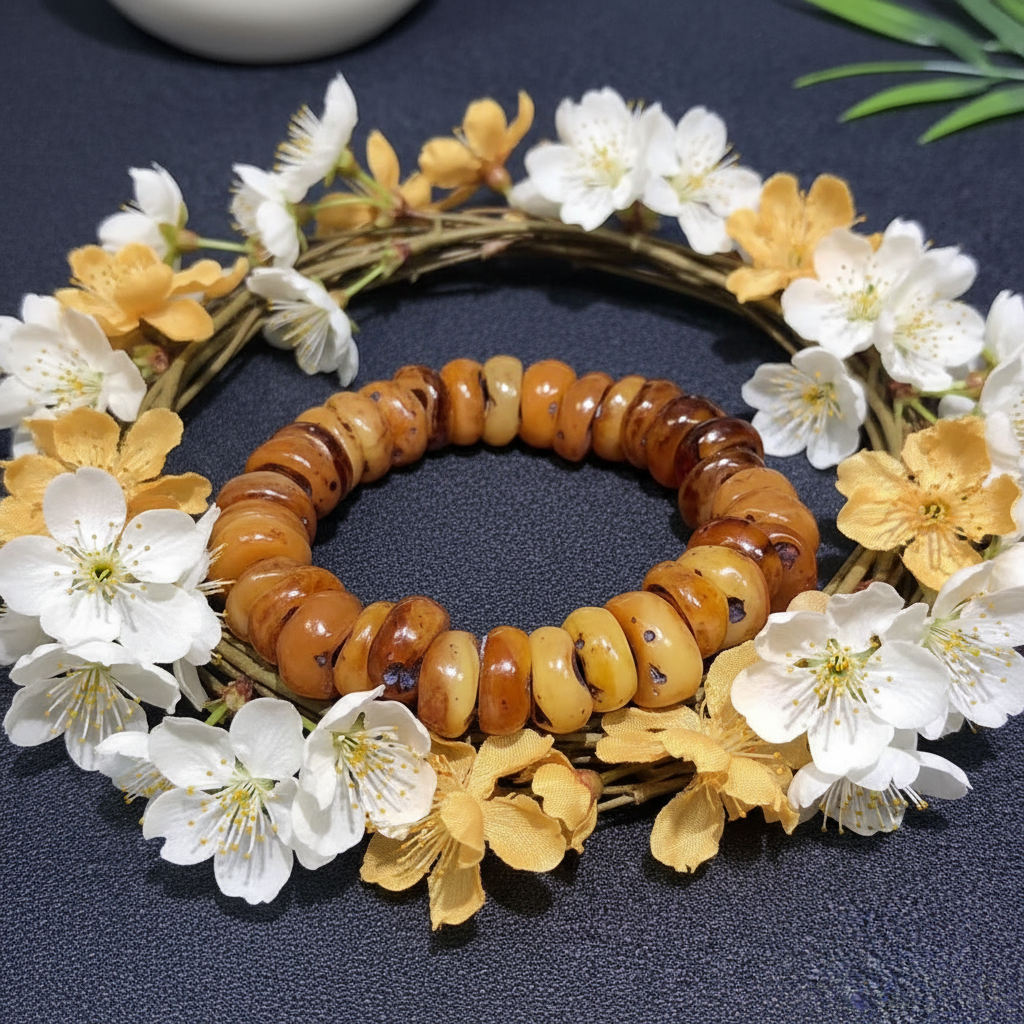 Bracelet en ambre avec fleurs