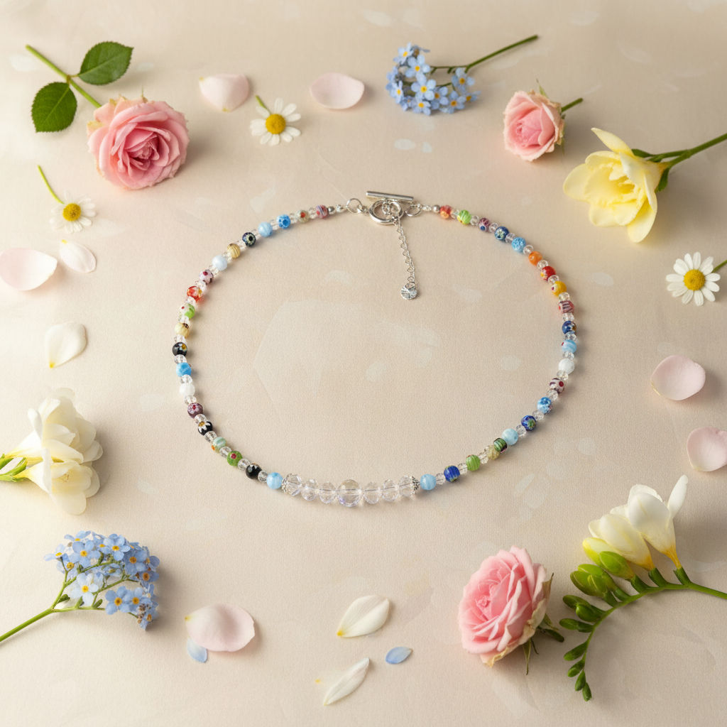 Collier Millefiori Argent perles rondes 6mm