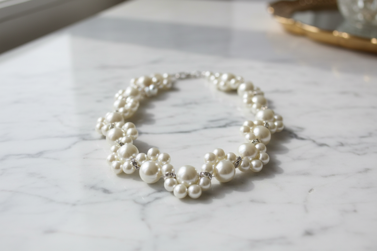 Collier perles sur marbre blanc
