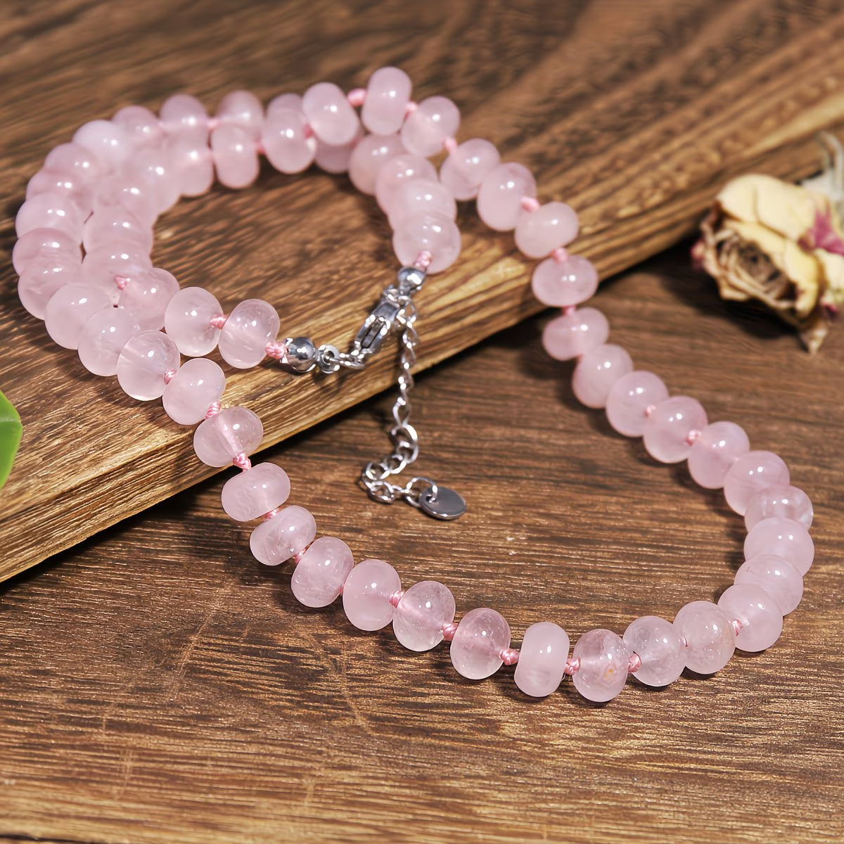 Parure " Valentine "Quartz Rose - Collier 44cm + Bracelet 18cm + Boucles d'oreilles