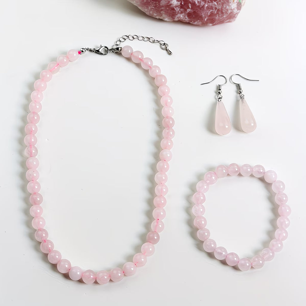 Parure " Valentine "Quartz Rose - Collier 44cm + Bracelet 18cm + Boucles d'oreilles