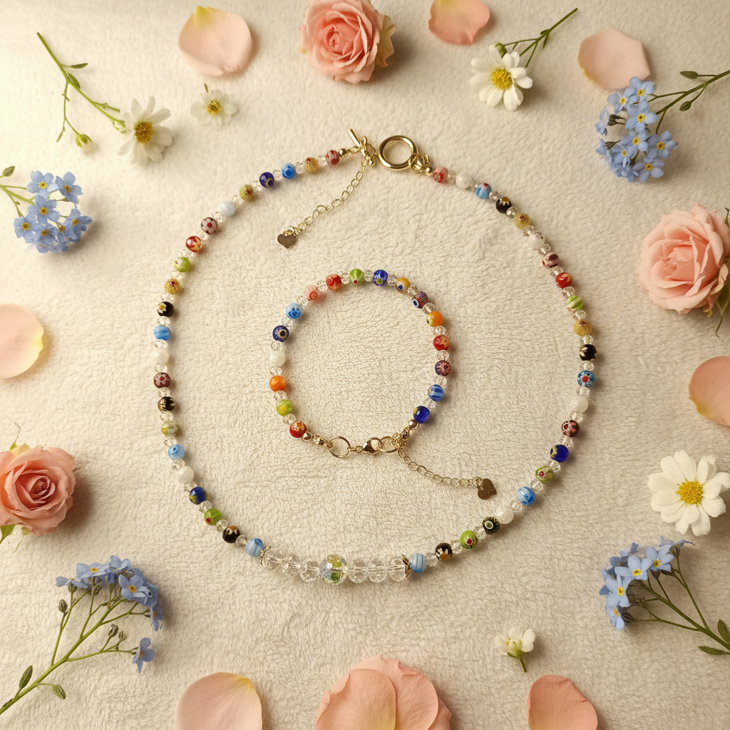 Parure Millefiori Or - perles rondes 6mm