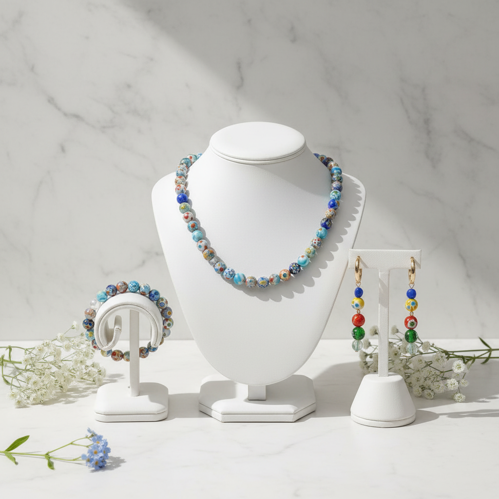 Parure Murano 6mm Millefiori sur présentoirs